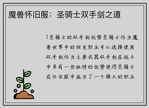 魔兽怀旧服：圣骑士双手剑之道