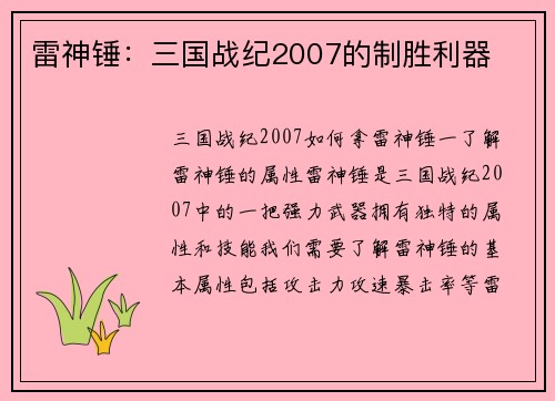 雷神锤：三国战纪2007的制胜利器